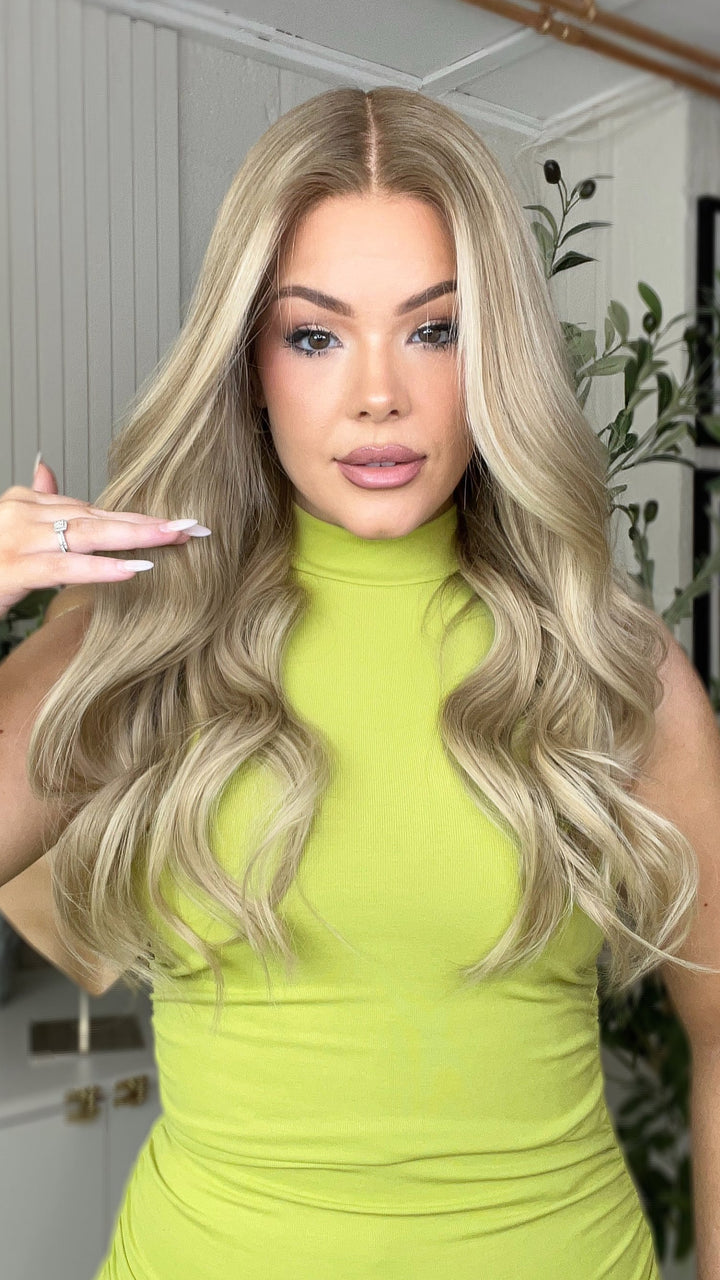 SHULY Pale Blonde Highlights Wigs 100% Real Human Hair for Caucasian 180% Density