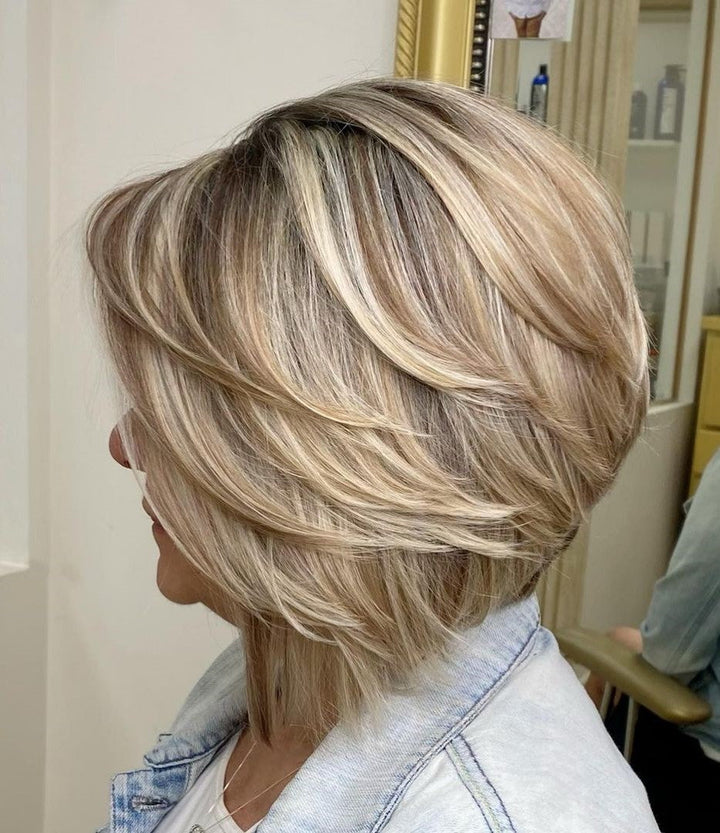 Blonde Angled Bob Wigs with Swoopy Layers for Women Caucasian 100% Human Hair