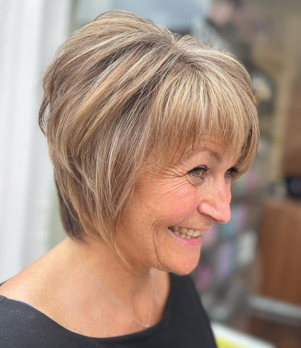 Graduated Bob Wigs with Bangs and Voluminous Crown for Women Caucasian 100% Human Hair