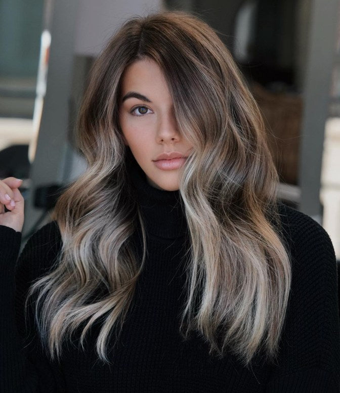 Latte Brown with Ash Blonde Highlights Wigs 100% Real Human Hair for Caucasian Women