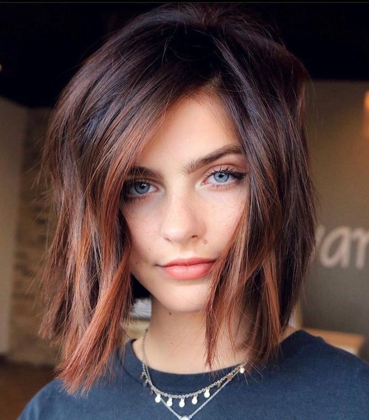 Short Mahogany Brown Balayage Wigs for Women Caucasian 100% Human Hair