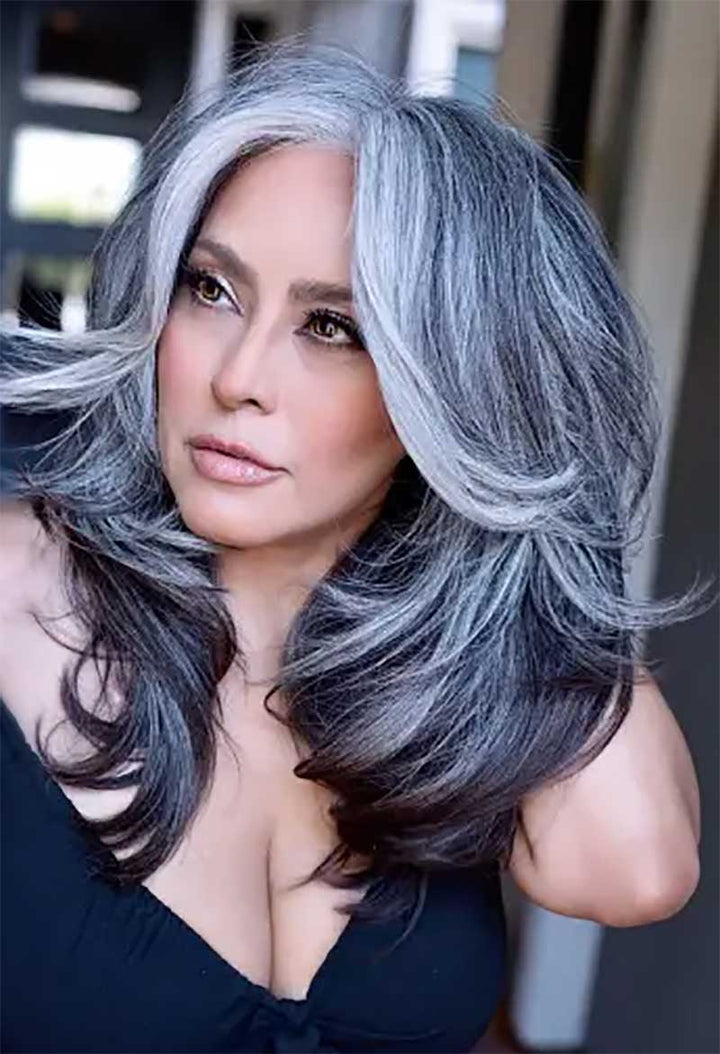 Salt and Pepper Wigs with Butterfly Layers 100% Real Human Hair for Caucasian Women