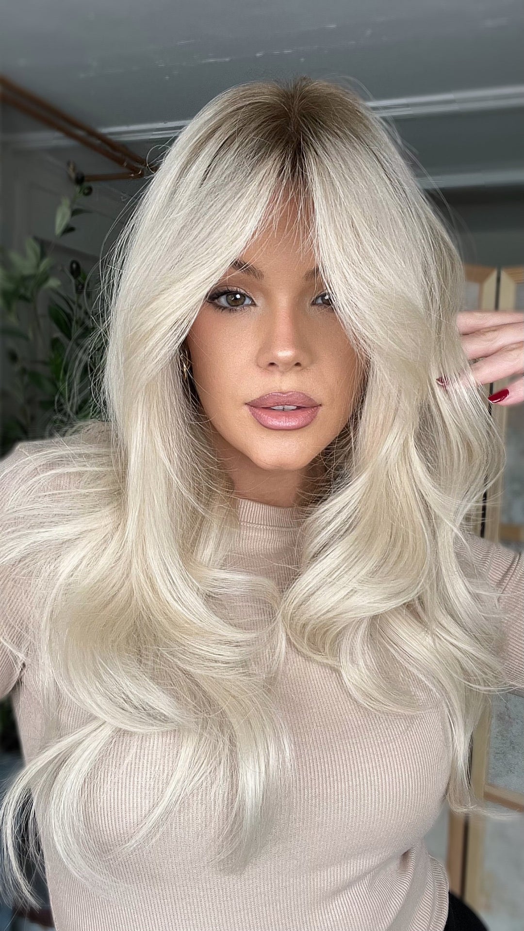 SHULY White Blonde Wigs with Dark Roots 100% Real Human Hair for Caucasian 180% Density