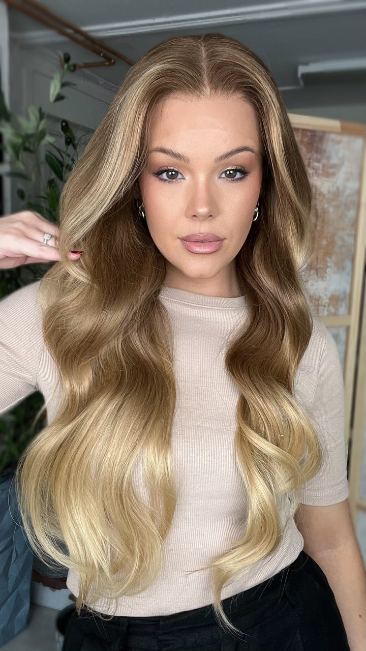 SHULY Ombre Ash Blonde Wigs with Brown Roots 100% Real Human Hair for Caucasian 180% Density