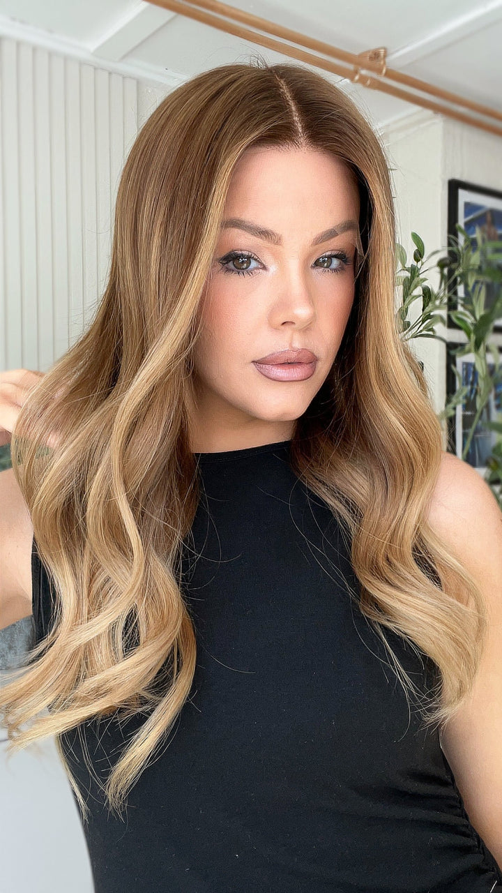 SHULY Brown Blonde Highlights Wavy Wigs 100% Real Human Hair for Caucasian 180% Density