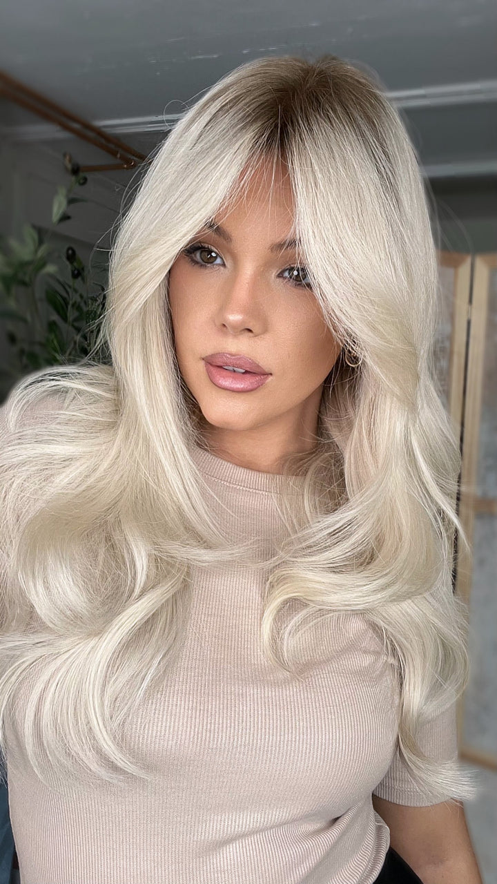 SHULY White Blonde Wigs with Dark Roots 100% Real Human Hair for Caucasian 180% Density