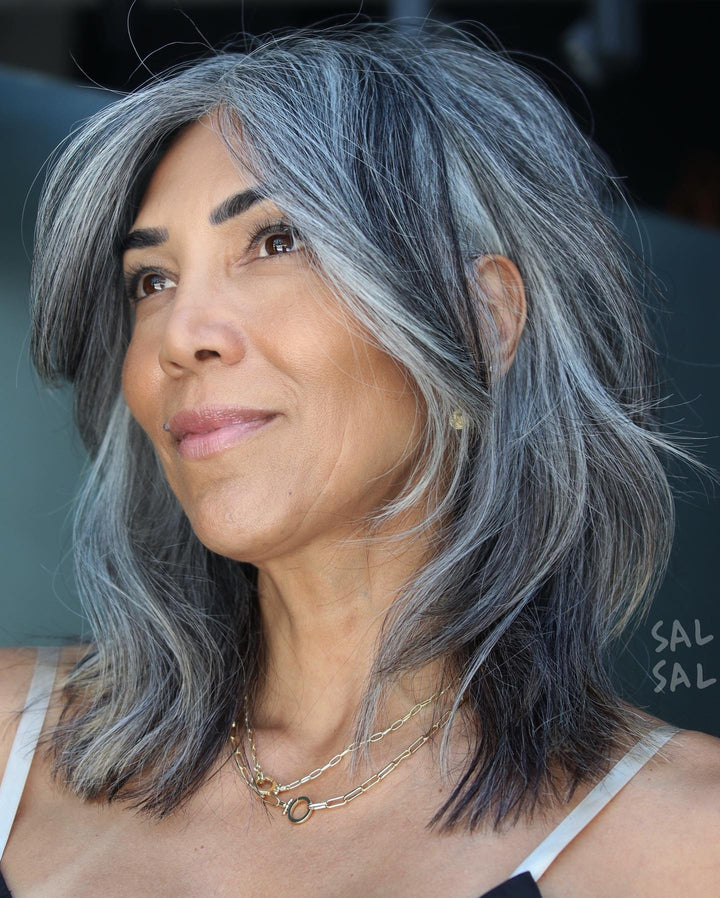 Salt and Pepper Lob Wigs with Face-Framing Layers 100% Real Human Hair for Caucasian Women
