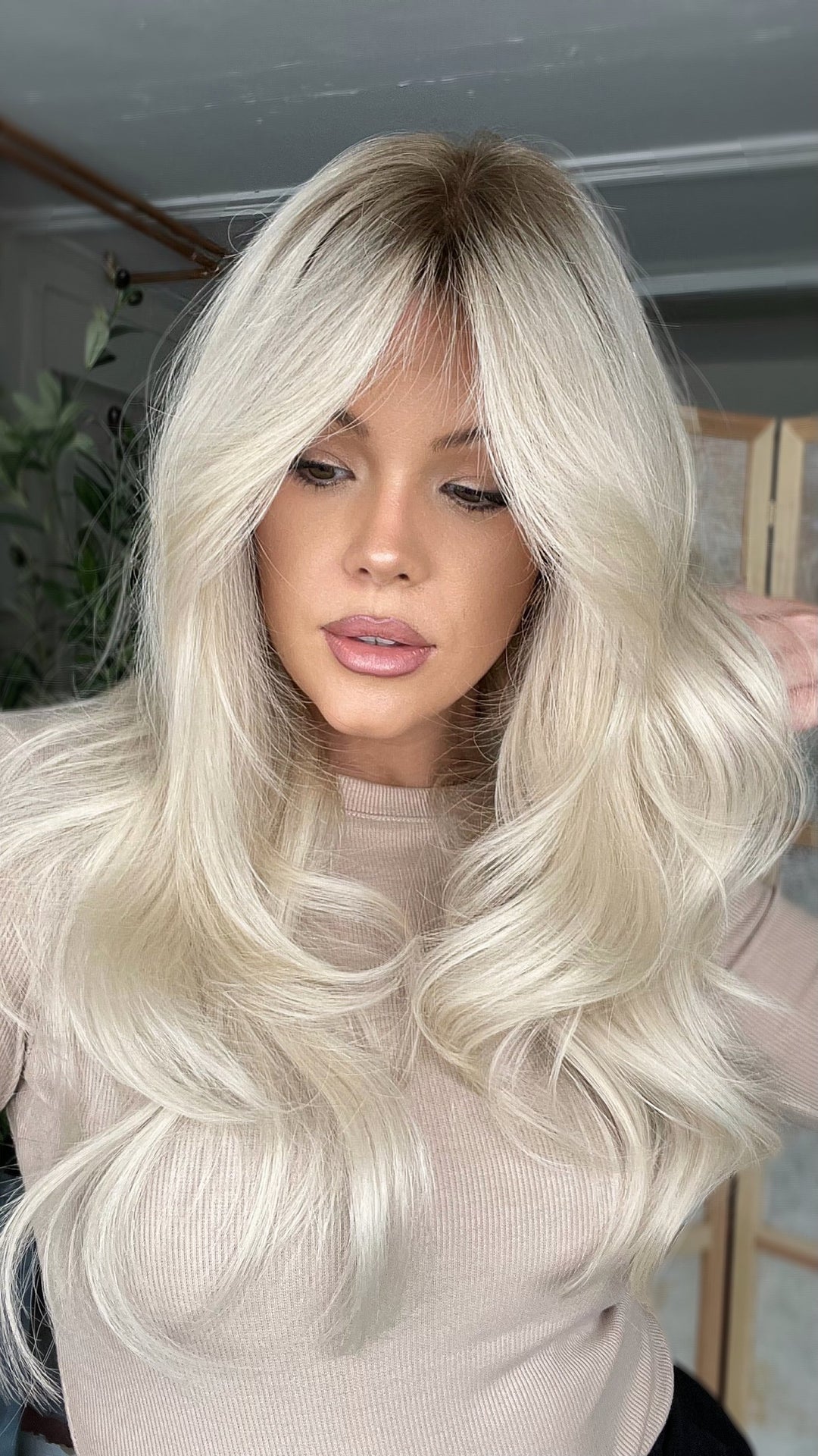 SHULY White Blonde Wigs with Dark Roots 100% Real Human Hair for Caucasian 180% Density