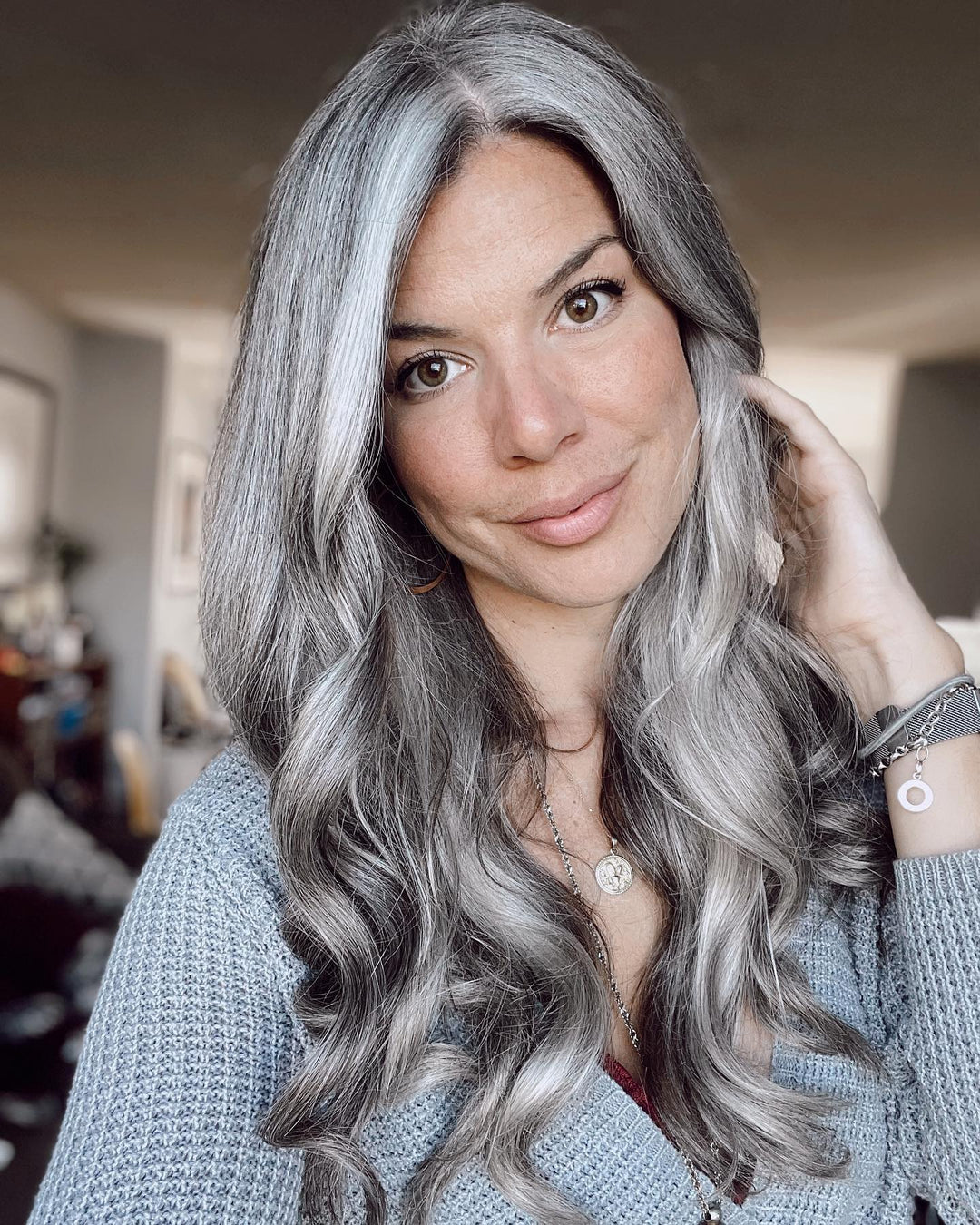 Metallic Gray and Pepper Wigs 100% Real Human Hair for Caucasian Women