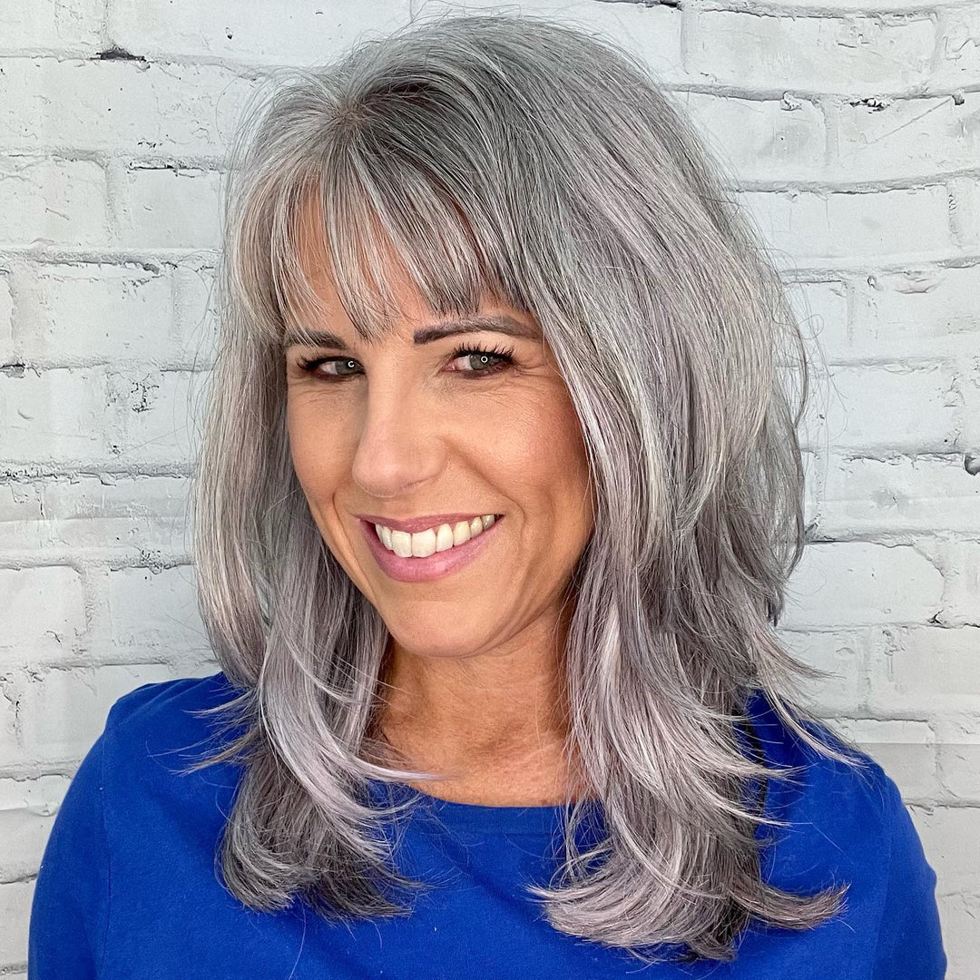 Salt and Pepper Wigs with Bangs 100% Real Human Hair for Caucasian Women
