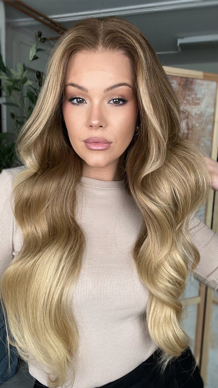 SHULY Ombre Ash Blonde Wigs with Brown Roots 100% Real Human Hair for Caucasian 180% Density