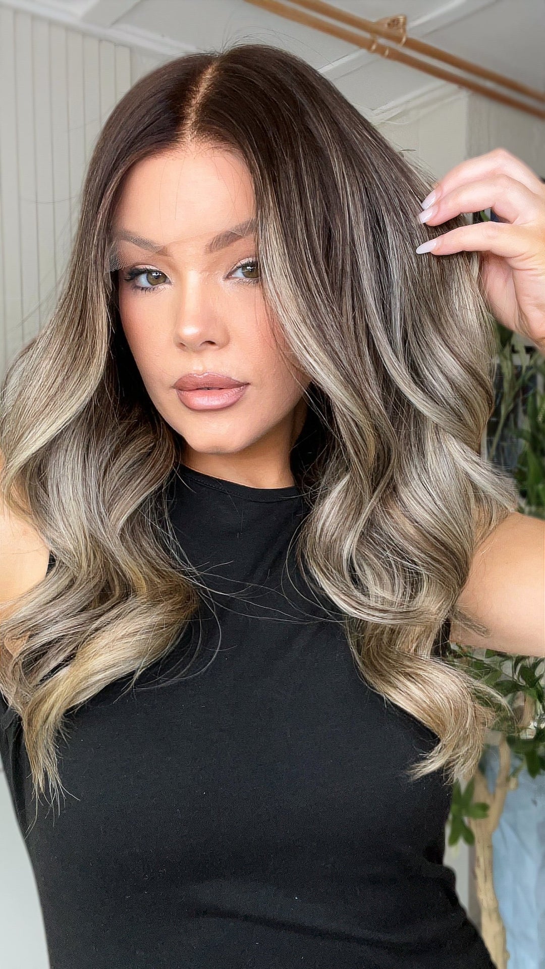 SHULY Cool Gray Brown Highlights Wigs 100% Real Human Hair for Caucasian 180% Density