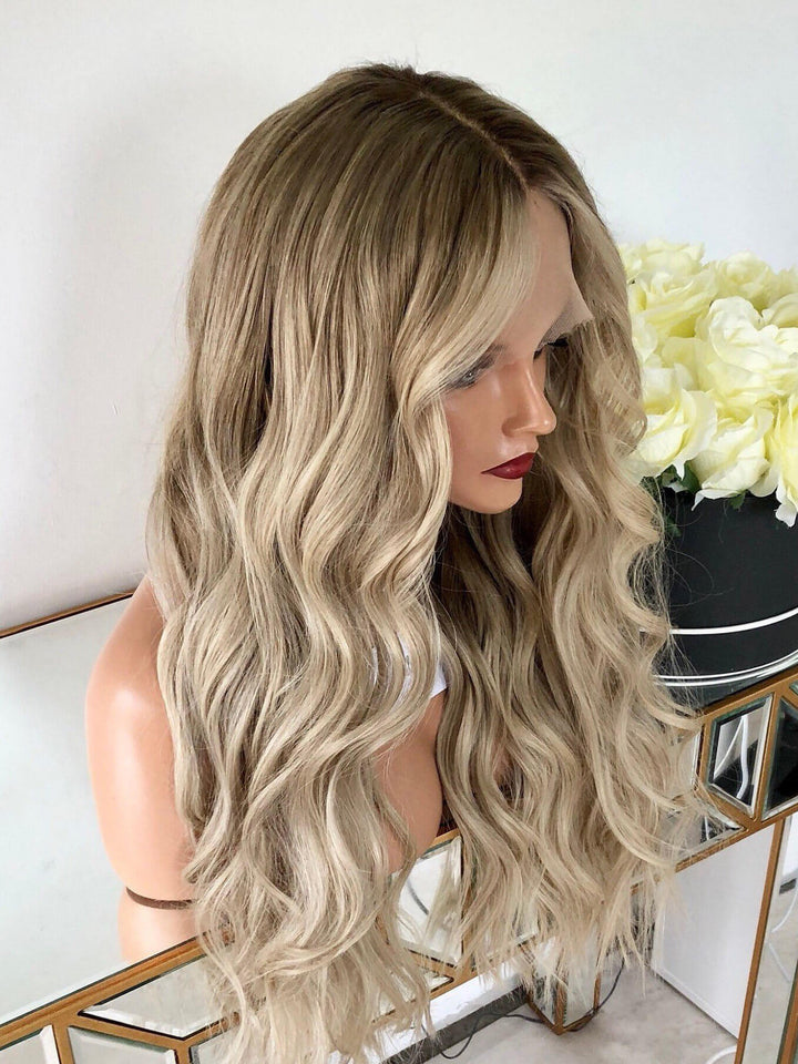 SHULY Long Wavy Ombre Blonde Human Lace Front Wigs for White Women 100% Human Hair