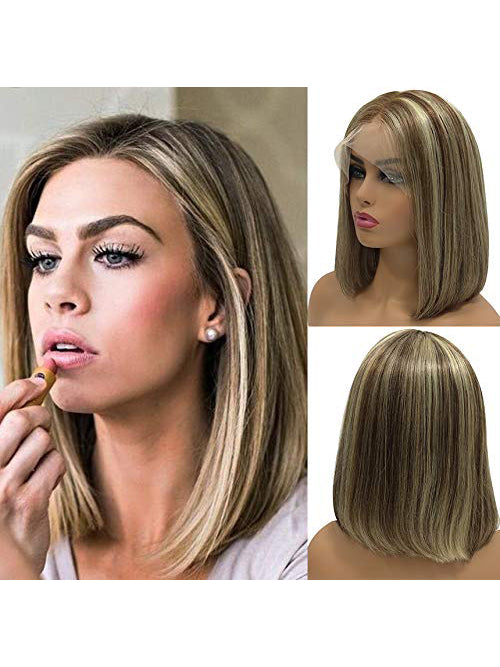SHULY Brown Blonde Highlights Short Balayage Bob Wigs for White Women 100% Human Hair