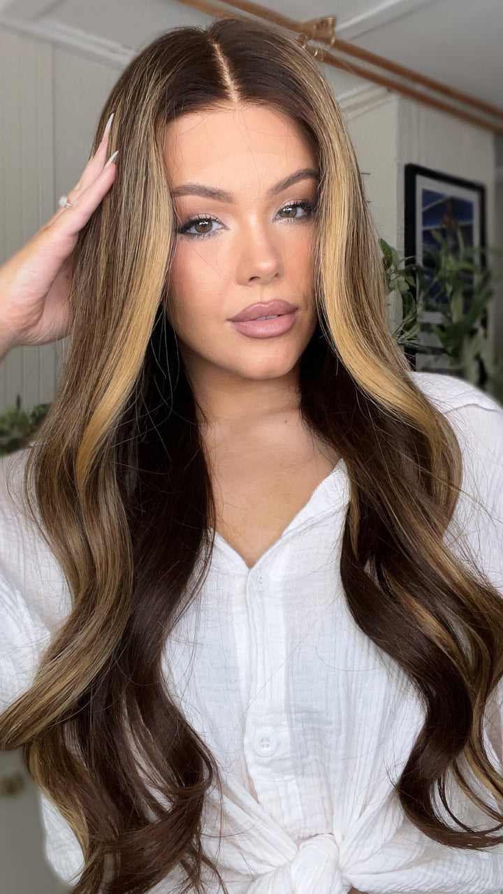 SHULY Brown Highlights Wigs 100% Real Human Hair for Caucasian 180% Density