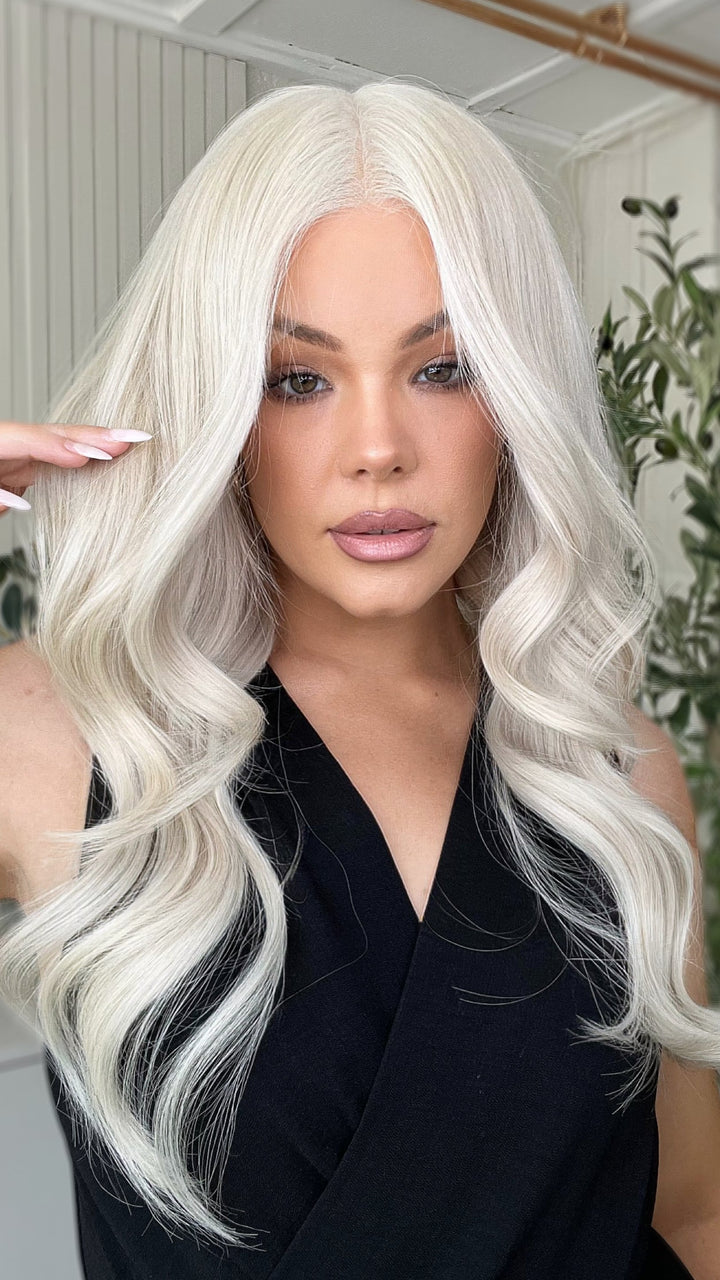 SHULY White Wavy Wigs 100% Real Human Hair for Caucasian 180% Density