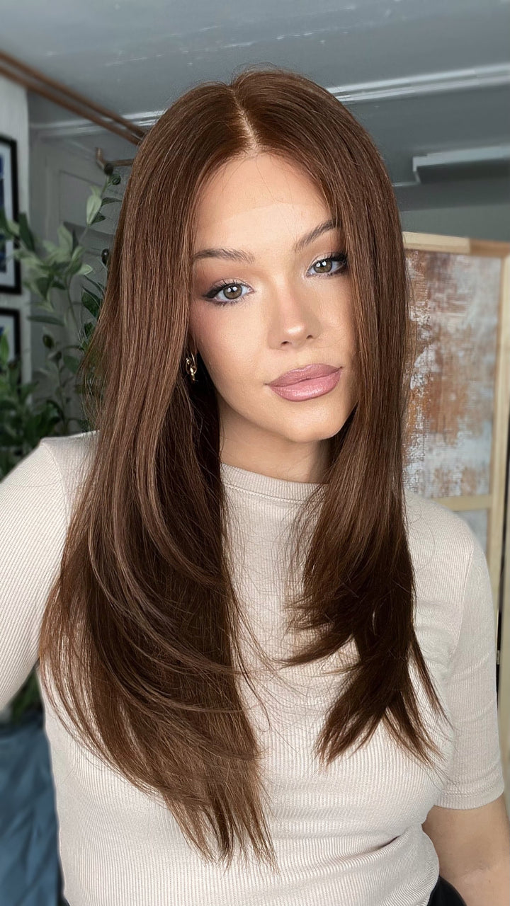 SHULY Chestnut Brown Wigs 100% Real Human Hair for Caucasian 180% Density