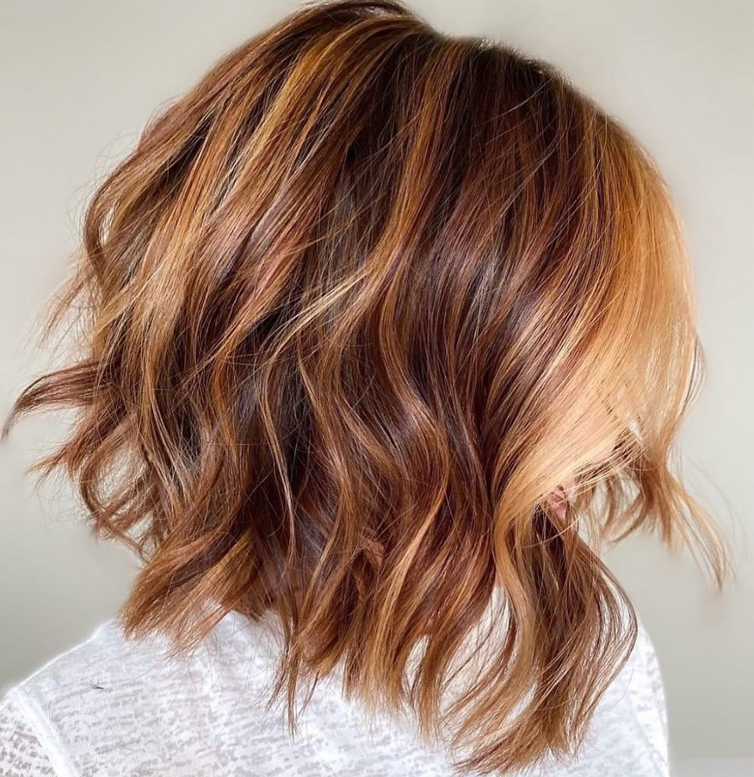 Copper Red Lob Wigs with Caramel Highlights for Women Caucasian 100% Human Hair