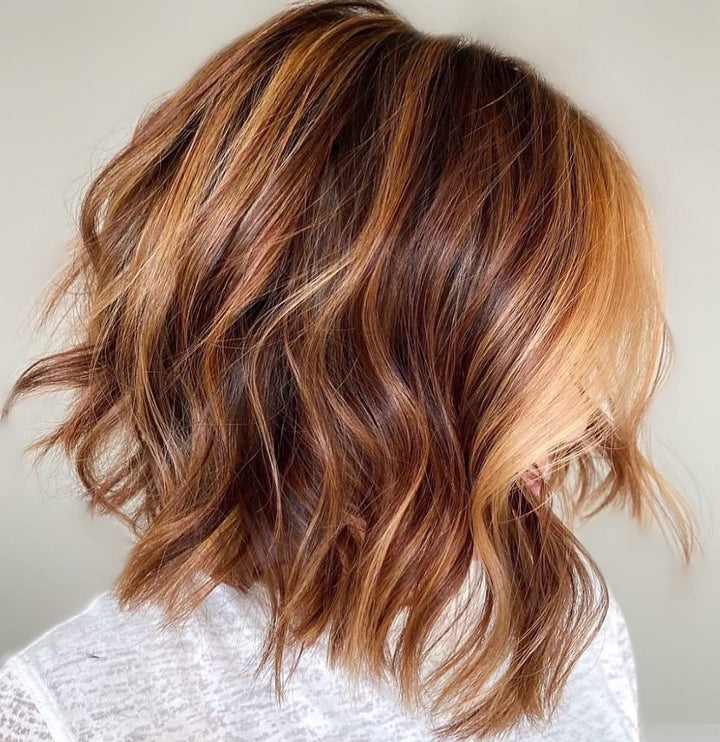 Copper Red Lob Wigs with Caramel Highlights for Women Caucasian 100% Human Hair