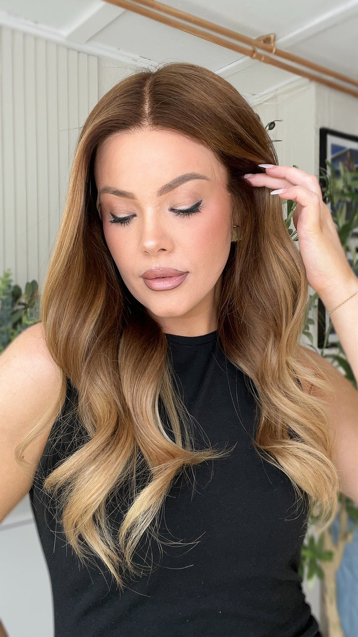 SHULY Brown Blonde Highlights Wavy Wigs 100% Real Human Hair for Caucasian 180% Density