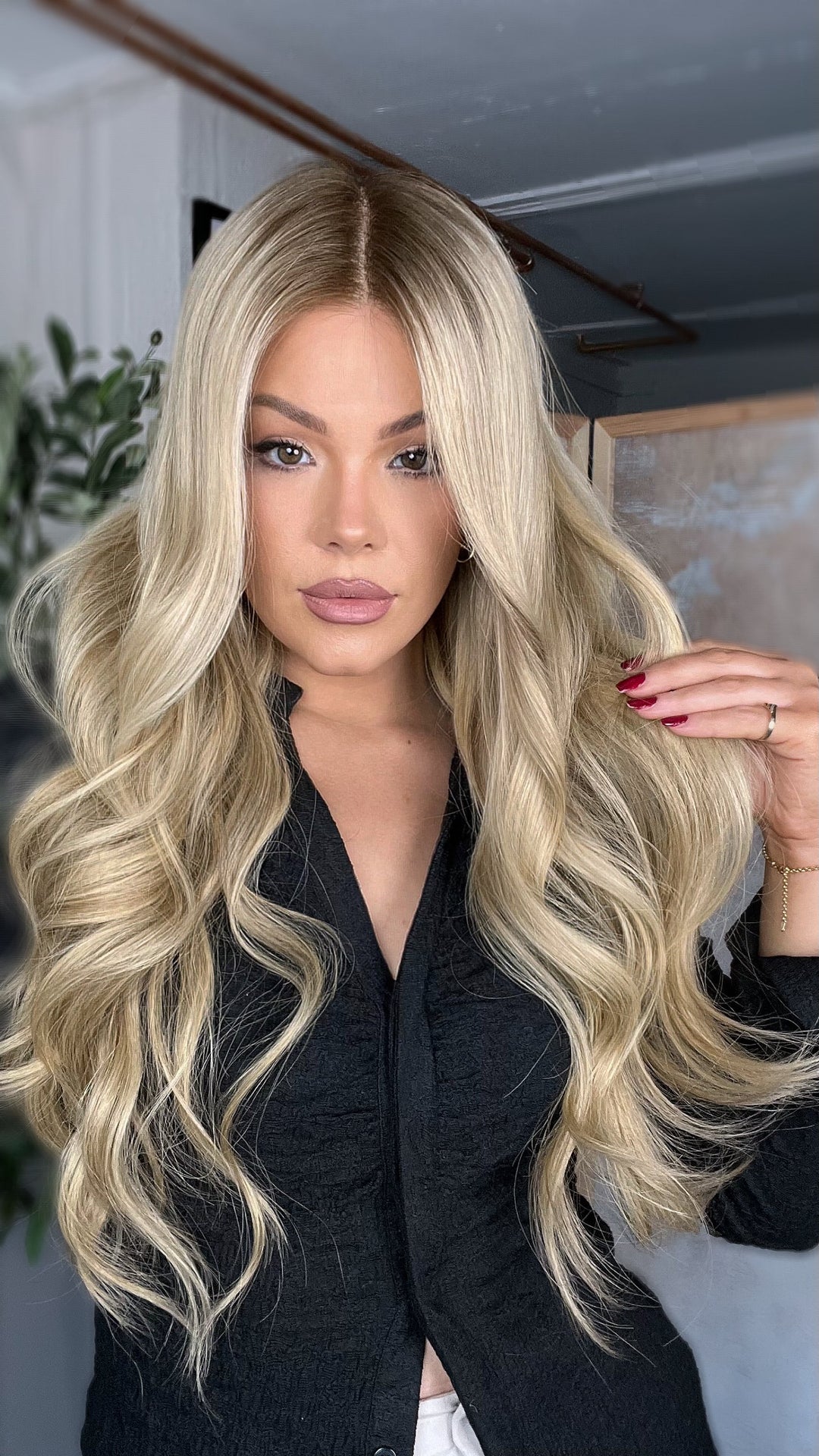 SHULY Ashy Blonde Wigs with Dark Roots 100% Real Human Hair for Caucasian 180% Density
