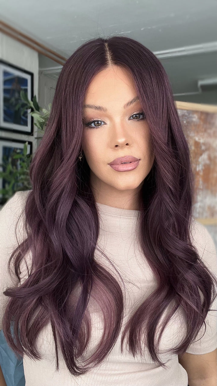 SHULY Wine Red Wigs 100% Real Human Hair for Caucasian 180% Density