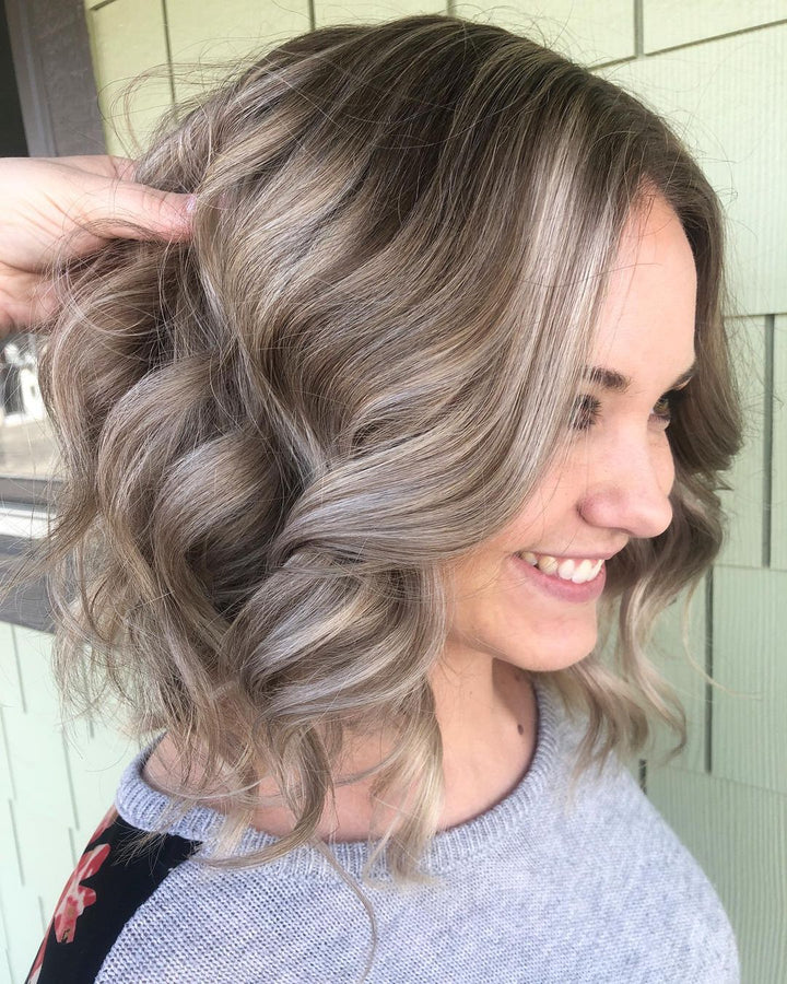 Wavy Ash Blonde Lob Wigs with Highlights 100% Real Human Hair for Caucasian Women