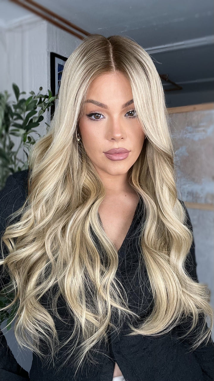 SHULY Ashy Blonde Wigs with Dark Roots 100% Real Human Hair for Caucasian 180% Density