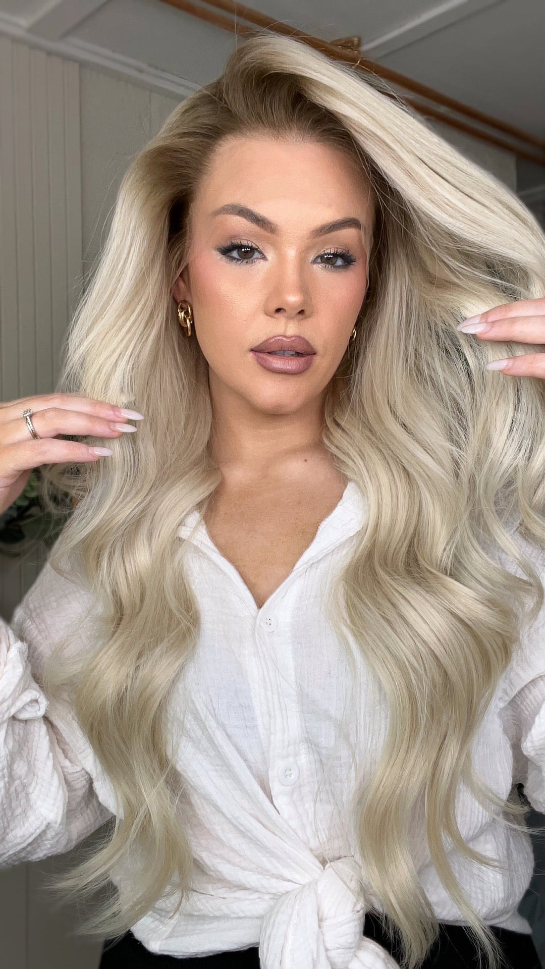 SHULY White Blonde Wigs with Brown Roots 100% Real Human Hair for Caucasian 180% Density