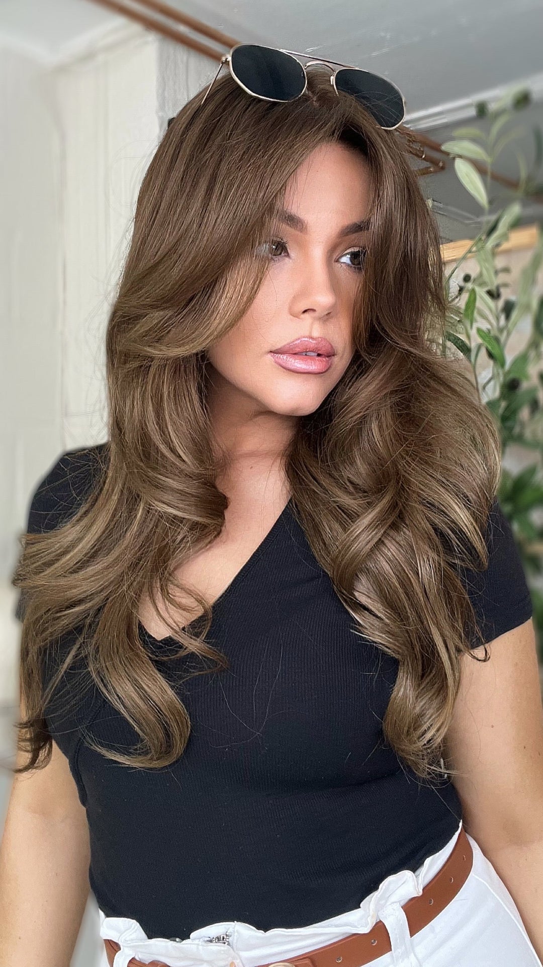 SHULY Brown Wigs with Curtain Bangs 100% Real Human Hair for Caucasian 180% Density