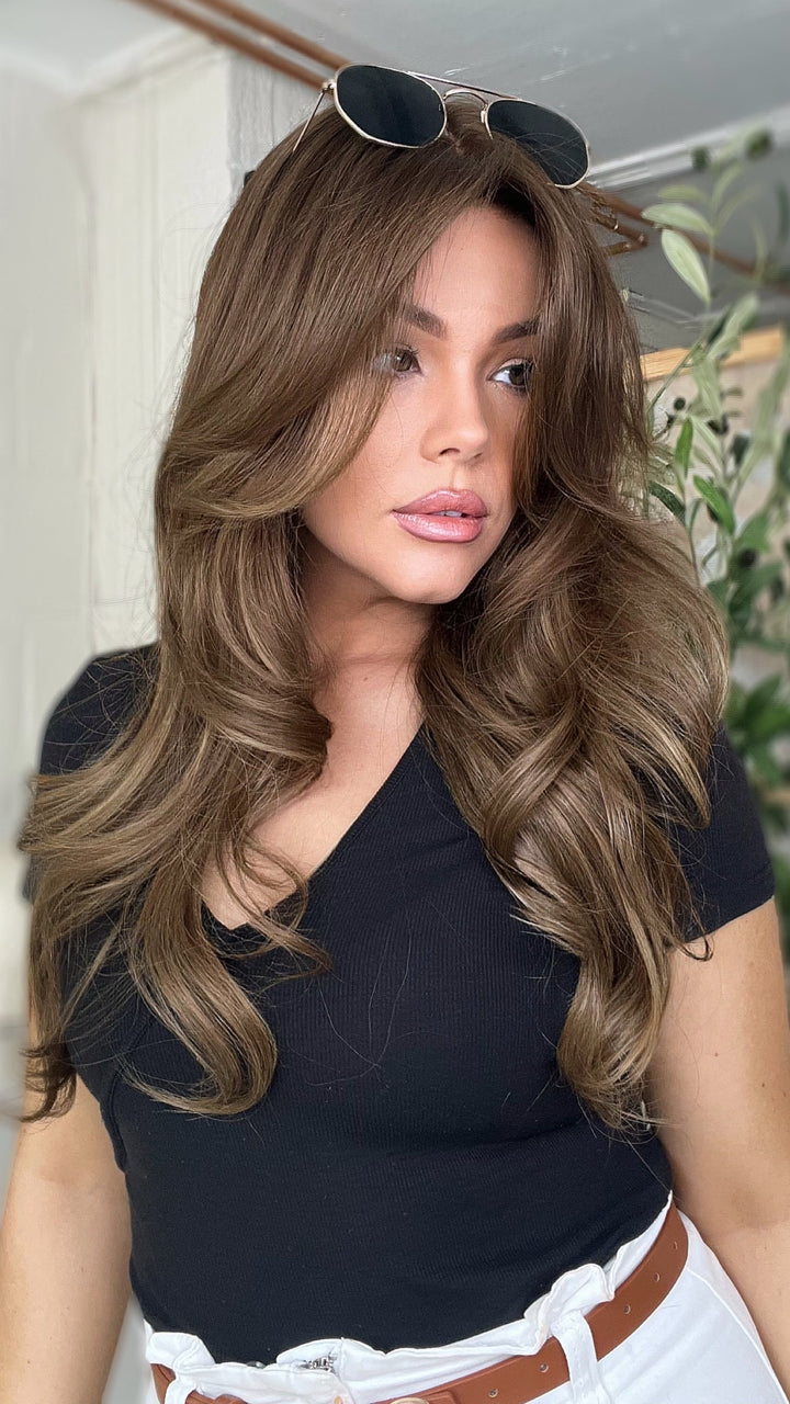 SHULY Brown Wigs with Curtain Bangs 100% Real Human Hair for Caucasian 180% Density