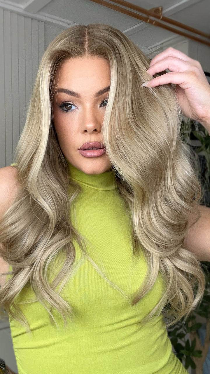 SHULY Pale Blonde Highlights Wigs 100% Real Human Hair for Caucasian 180% Density