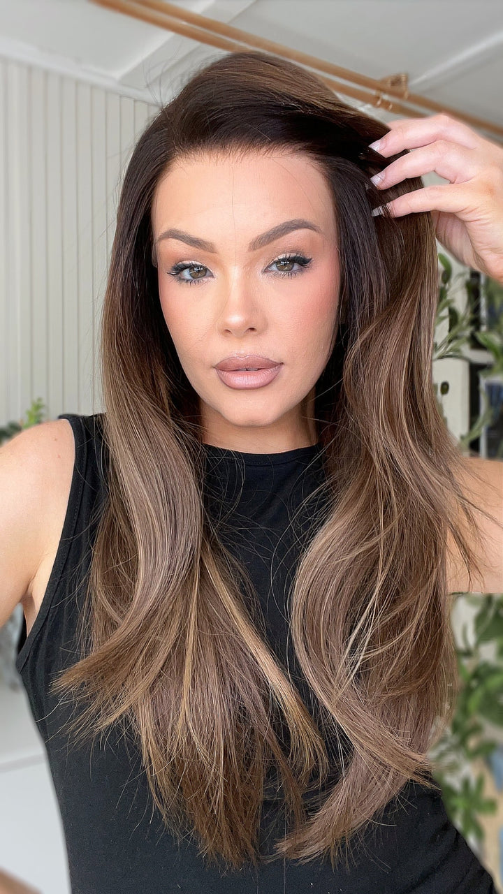 SHULY Brown Blonde Highlights Wigs 100% Real Human Hair for Caucasian 180% Density