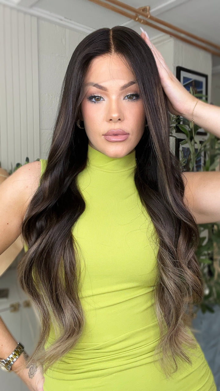 SHULY Black to Warm Gray Ombre Wigs 100% Real Human Hair for Caucasian 180% Density
