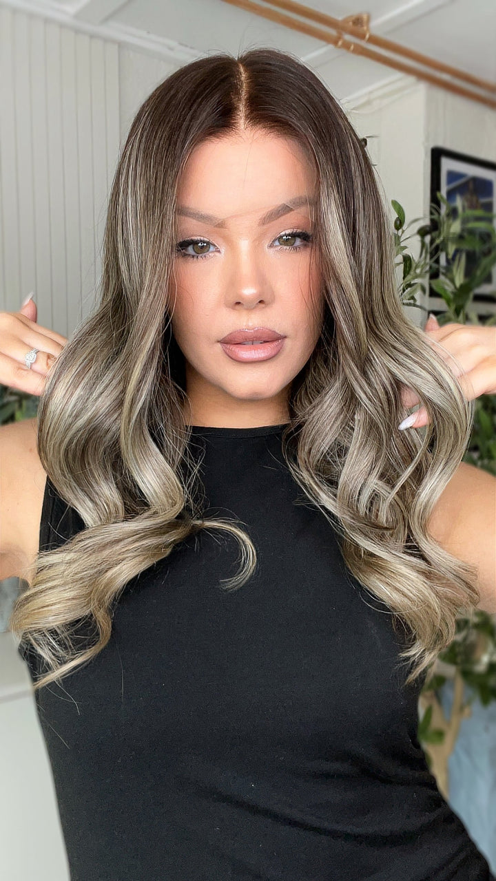 SHULY Cool Gray Brown Highlights Wigs 100% Real Human Hair for Caucasian 180% Density