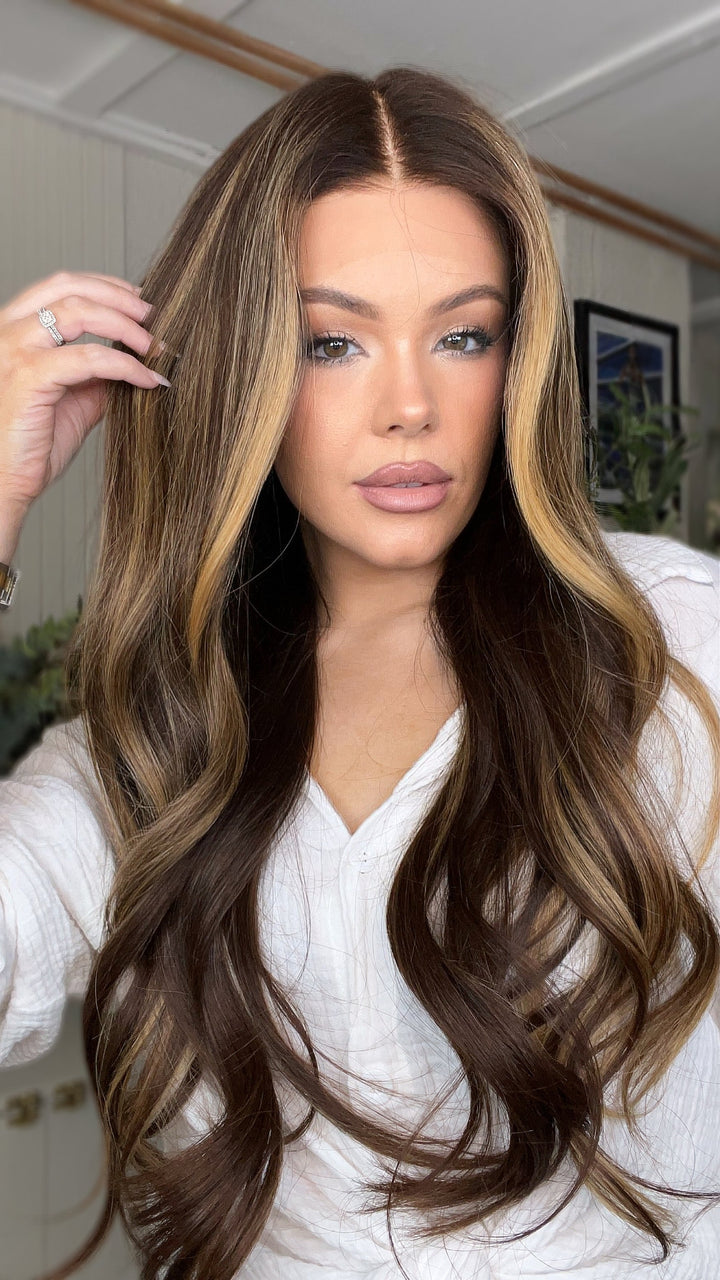 SHULY Brown Highlights Wigs 100% Real Human Hair for Caucasian 180% Density