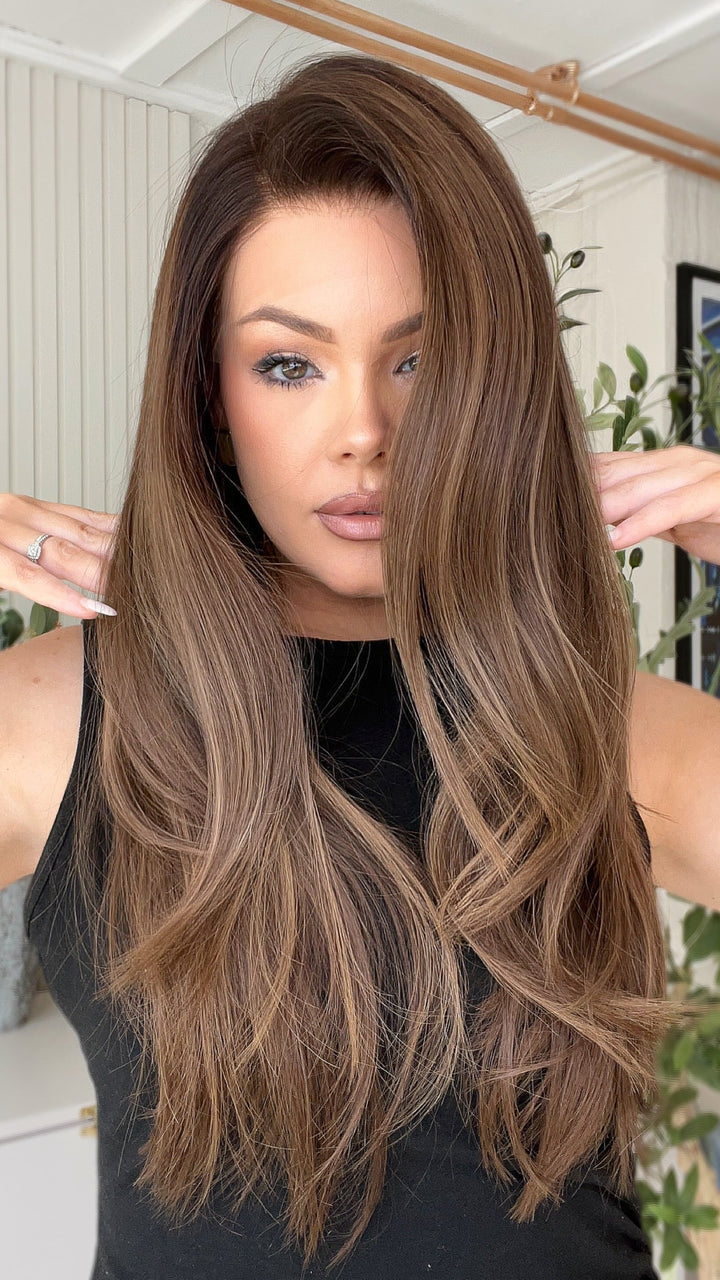 SHULY Brown Blonde Highlights Wigs 100% Real Human Hair for Caucasian 180% Density