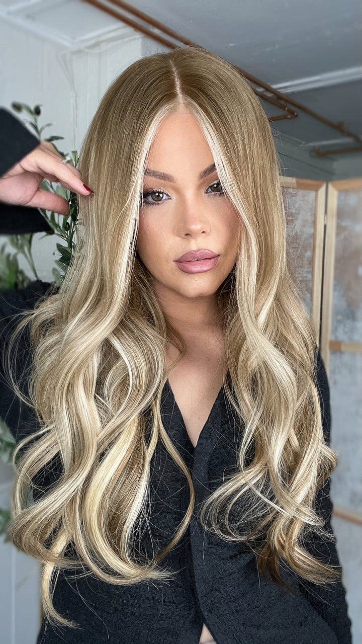 SHULY Cool Blonde Highlights Wigs 100% Real Human Hair for Caucasian 180% Density