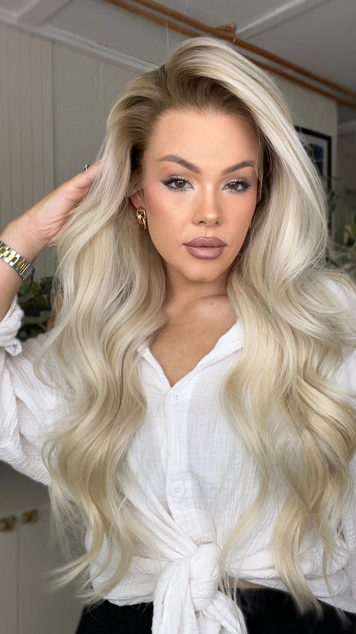 SHULY White Blonde Wigs with Brown Roots 100% Real Human Hair for Caucasian 180% Density