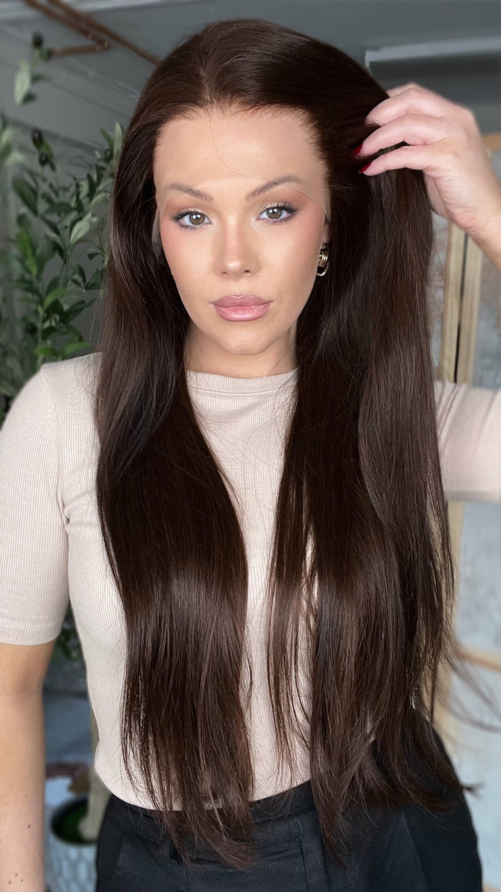SHULY Dark Brown Straight Wigs 100% Real Human Hair for Caucasian 180% Density