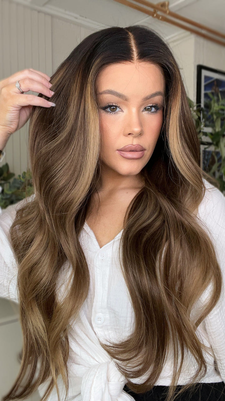 SHULY Brown Highlights Wavy Wigs 100% Real Human Hair for Caucasian 180% Density