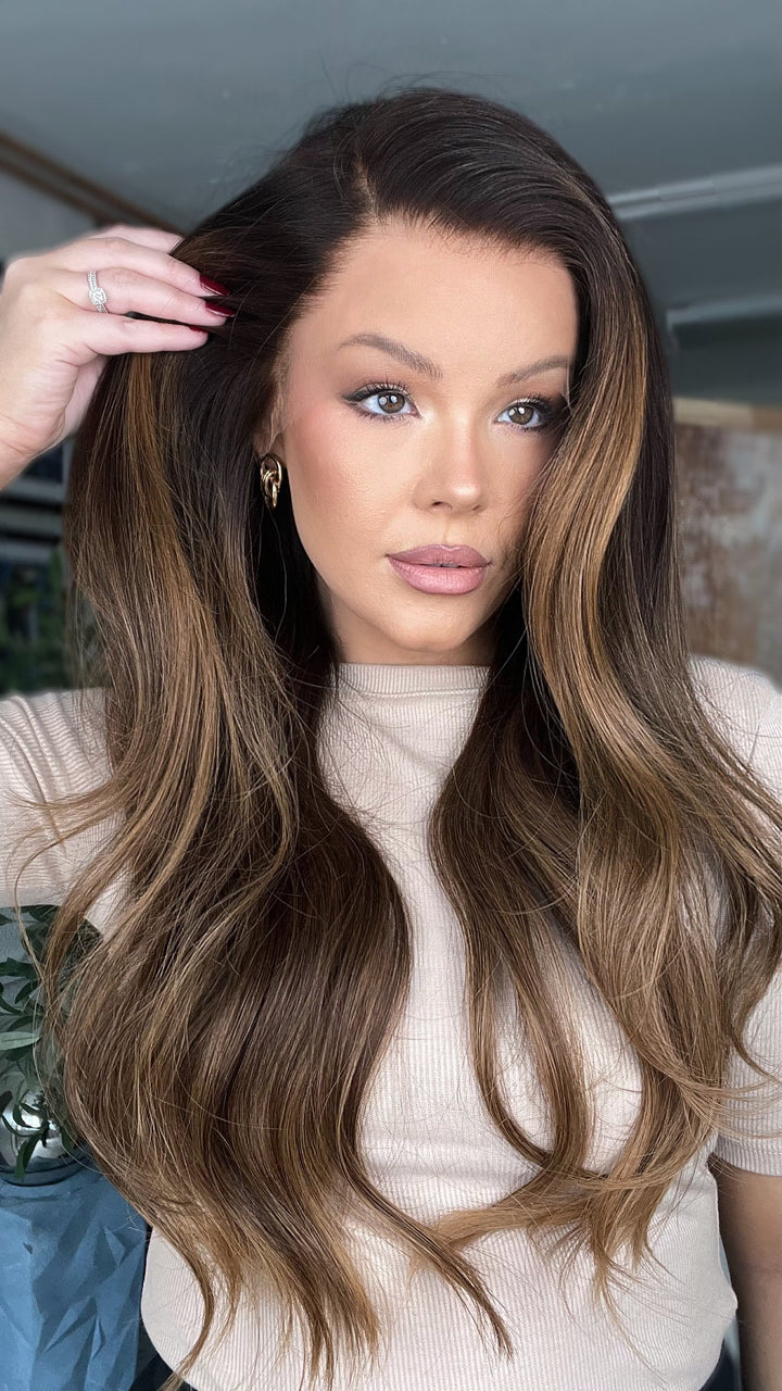 SHULY Brown Highlights Wigs 100% Real Human Hair for Caucasian 180% Density