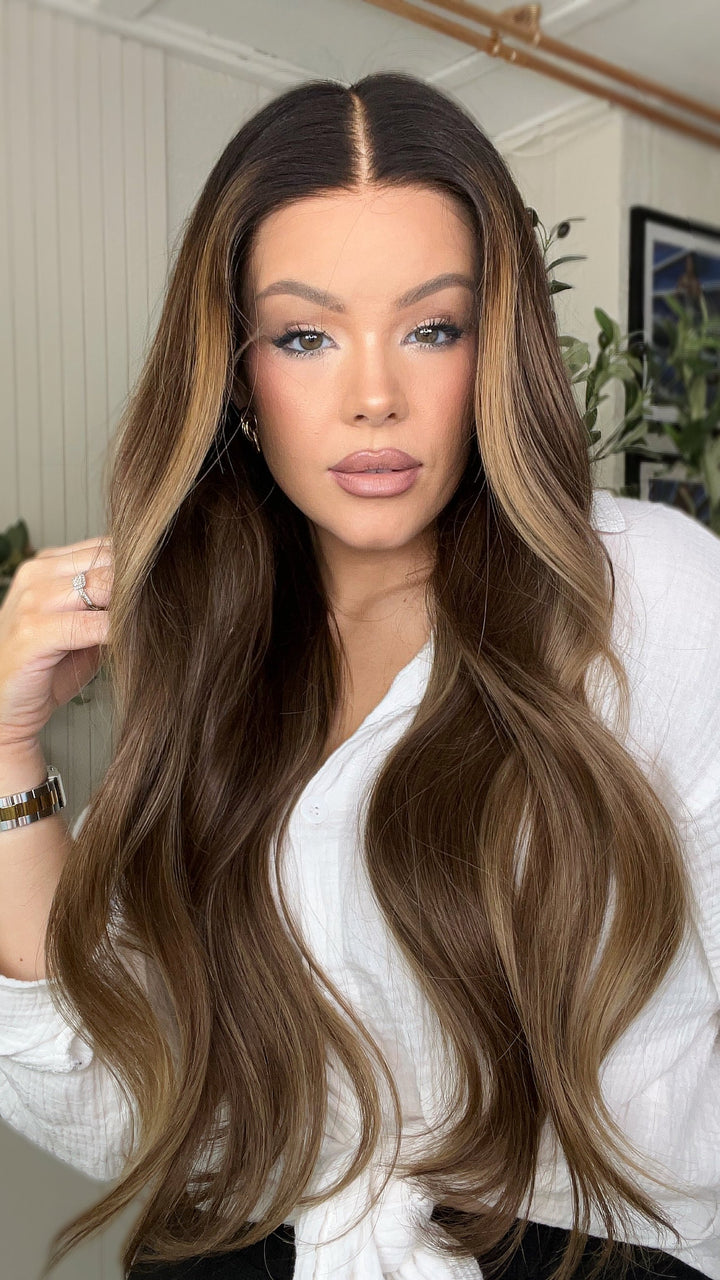 SHULY Brown Highlights Wavy Wigs 100% Real Human Hair for Caucasian 180% Density