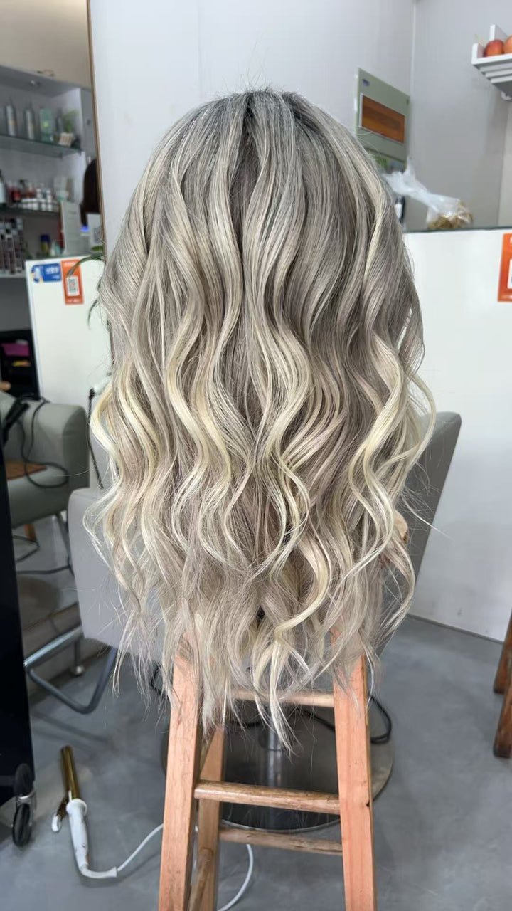 SHULY Handmade Ash Blonde Natural Looking  Human Hair Lace Wigs with Fringe for White Women