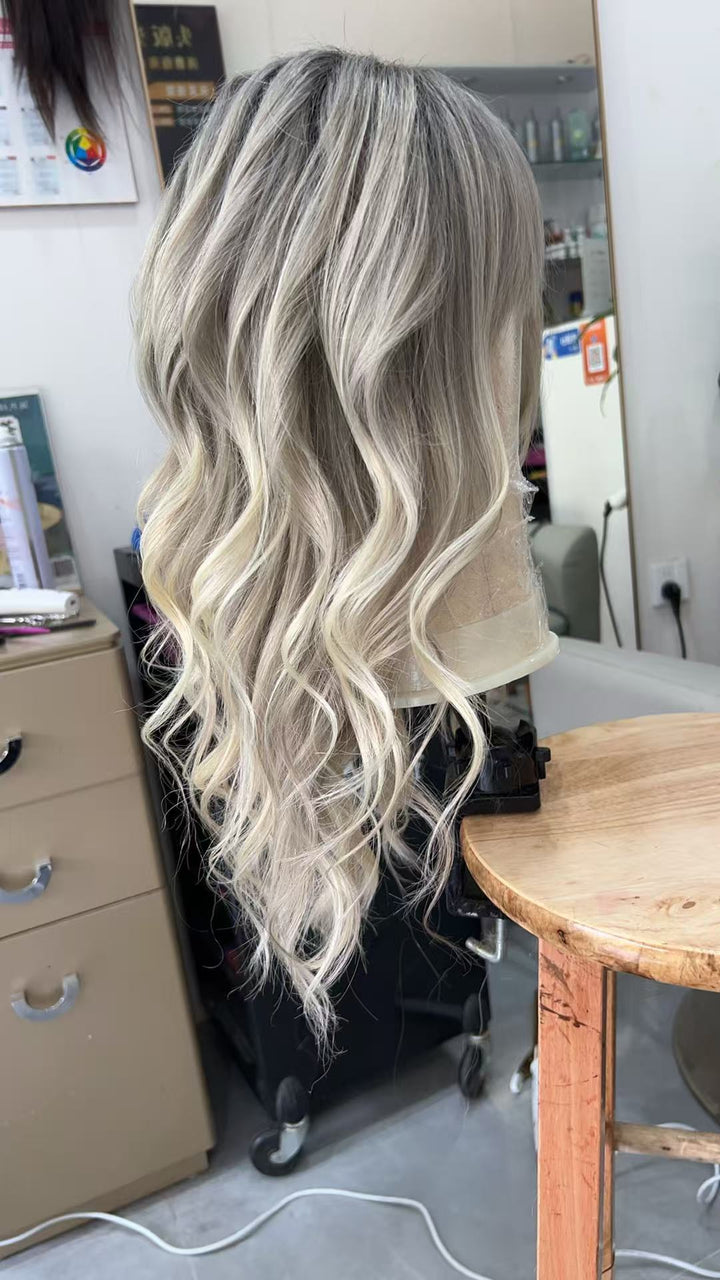 SHULY Handmade Ash Blonde Natural Looking  Human Hair Lace Wigs with Fringe for White Women
