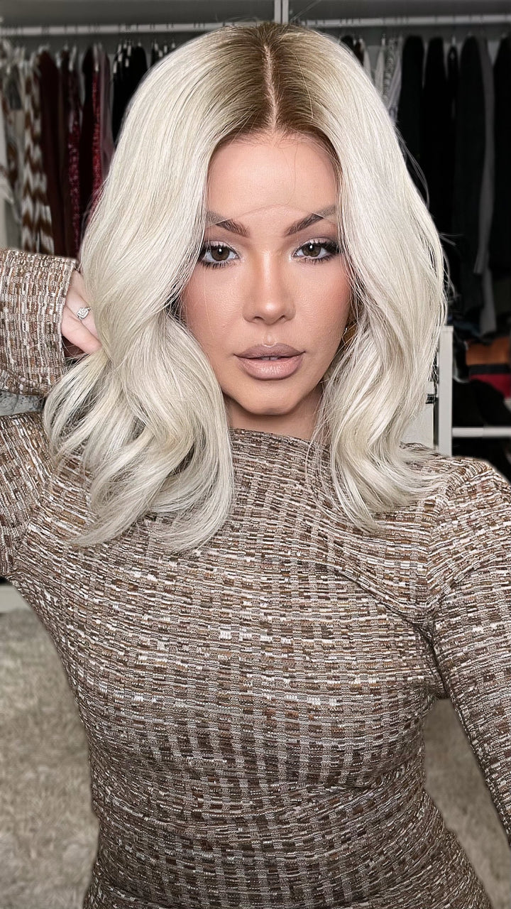 SHULY Pale Blonde Wigs with Brown Roots 100% Real Human Hair for Caucasian 180% Density