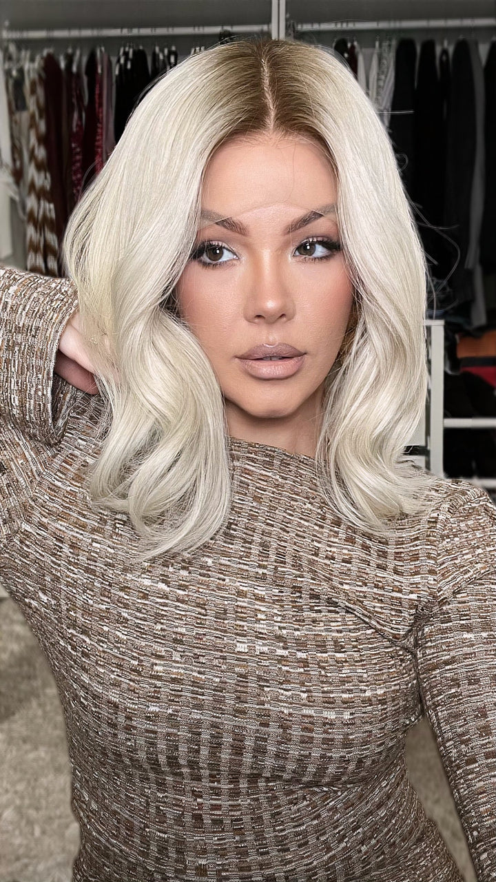 SHULY Pale Blonde Wigs with Brown Roots 100% Real Human Hair for Caucasian 180% Density