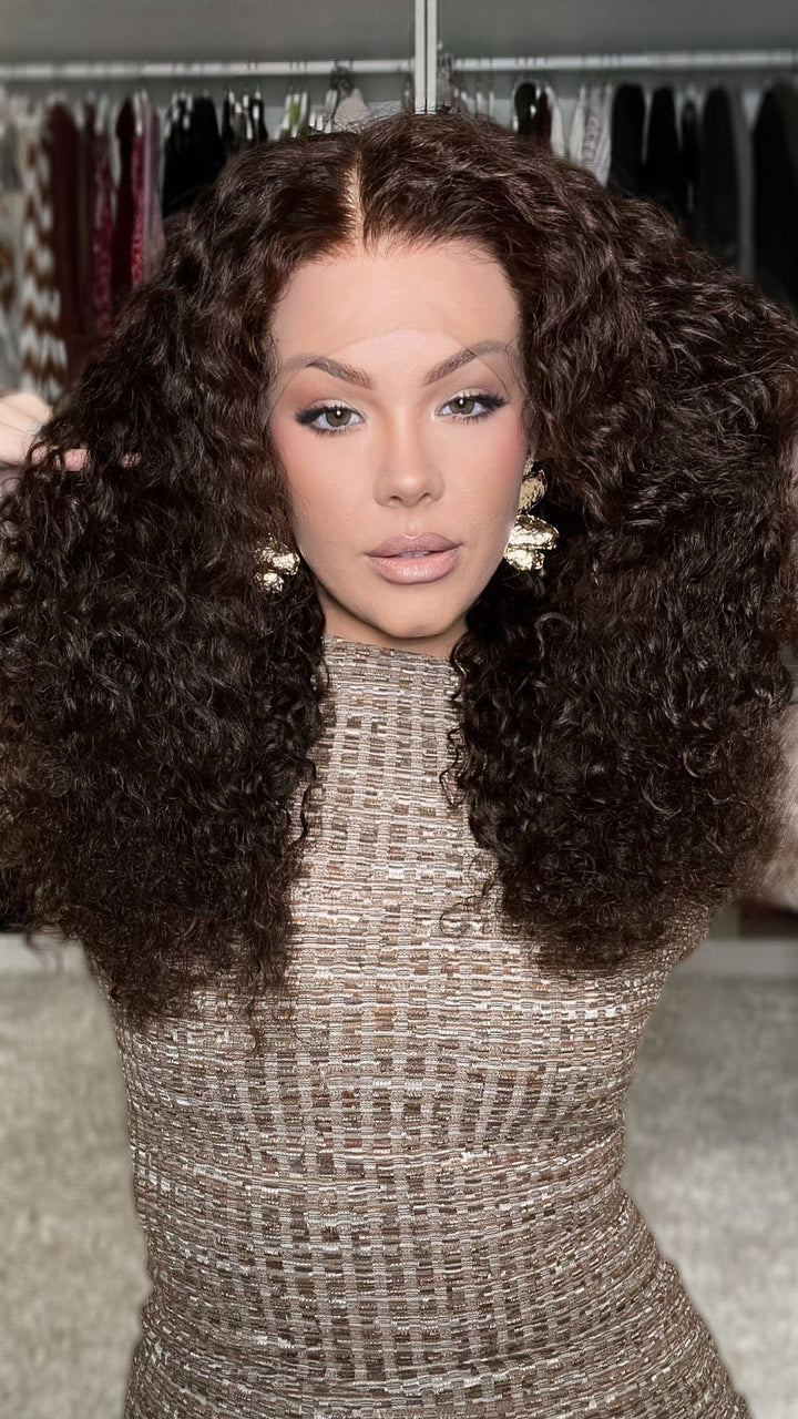 SHULY Deep Curly Chocolate Brown Wigs 100% Real Human Hair for Caucasian 180% Density