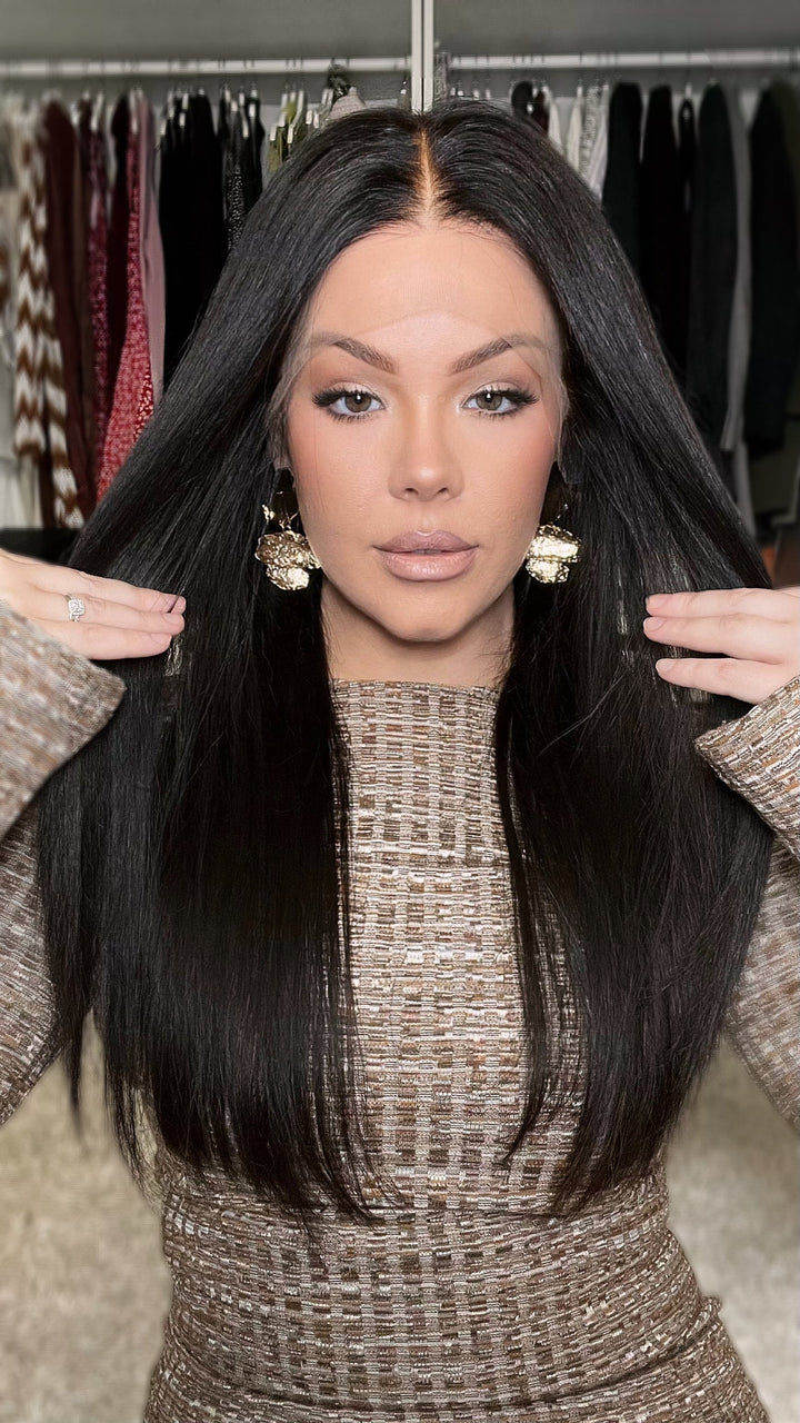 SHULY Natural Black Silky Straight Wigs 100% Real Human Hair for Caucasian 180% Density