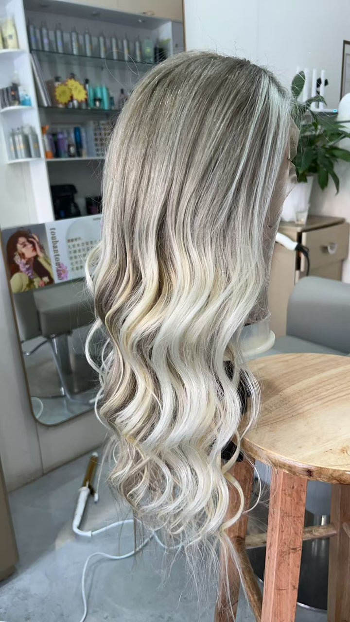 SHULY Ombre White Blonde Long Wigs for White Women 100% Human Hair